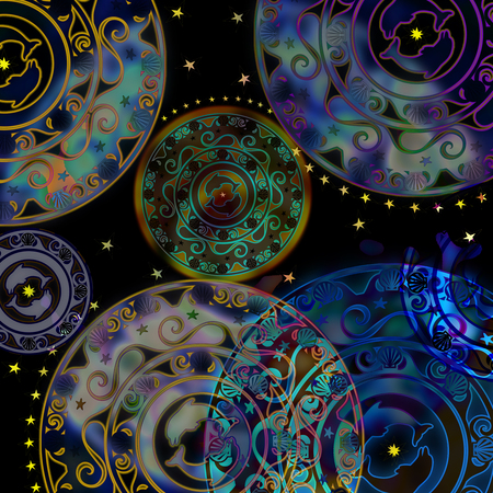 circular  stencil ornament, delf and shell  coloredの写真素材