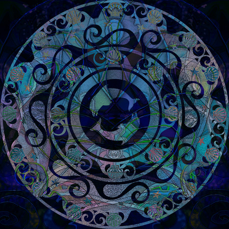 circular  stencil ornament, delf and shell  coloredの写真素材