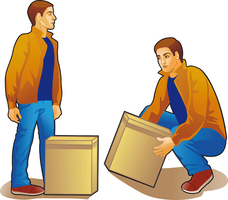 young man lifting box, colored drawingのイラスト素材