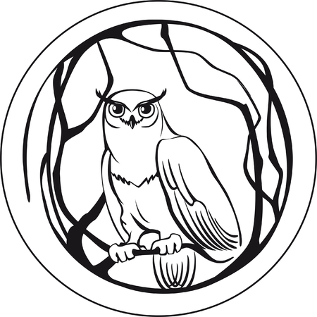 black and white owl sitting on a branch tree circularのイラスト素材
