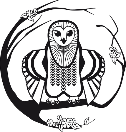 black and white owl sitting on a branch tree circular vector illustration.のイラスト素材