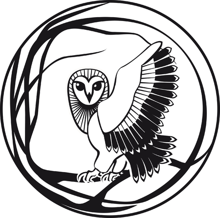 black and white owl sitting on a branch tree vector illustration.のイラスト素材