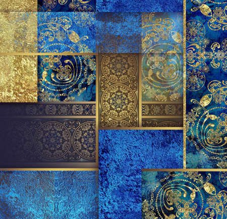vintage floral design  background blue and goldの写真素材