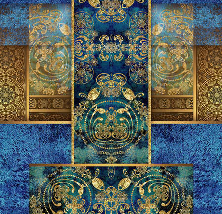 golden vintage floral design on blue backgroundの写真素材