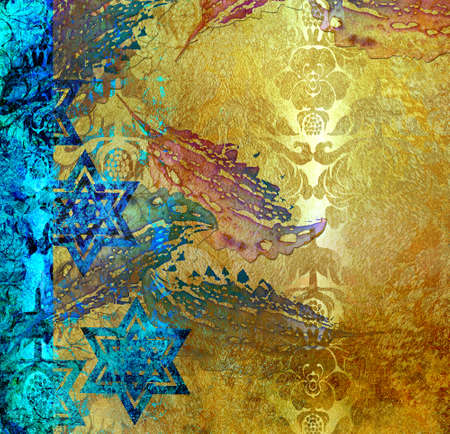 vintage old floral golden blue backgroundの写真素材