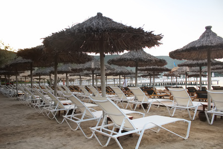 empty sunbedsの写真素材