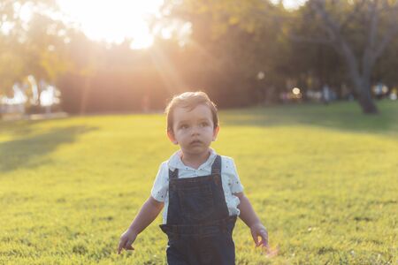 Toddler looking up while posing in green meadow during sunset with warm colors