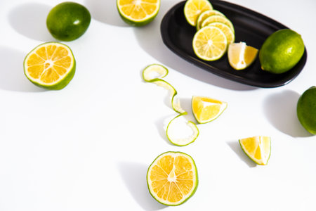 Flat lay view green lime lemons over dark backdrop with black plate.Includes copy space.の写真素材