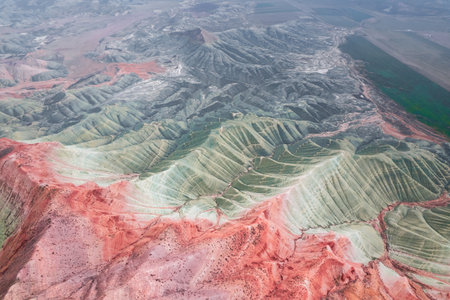 Aerial view of dried alluvial lake and mountainの写真素材