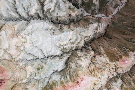 Aerial view of dried alluvial lake and mountainの写真素材