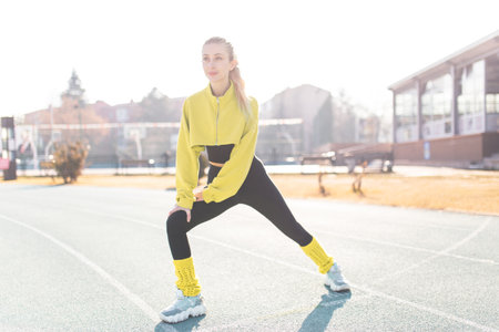 Young woman stretching at the stadium. Fitness, sport and healthy lifestyle concept.の写真素材