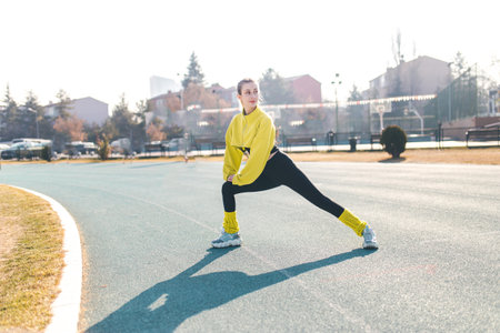 Young woman in sportswear doing stretching exercise on the sports ground.の写真素材