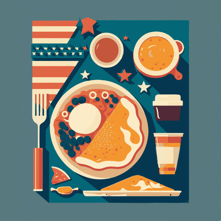 American breakfast with pancakes, coffee and sausage. Flat design vector illustration.のイラスト素材