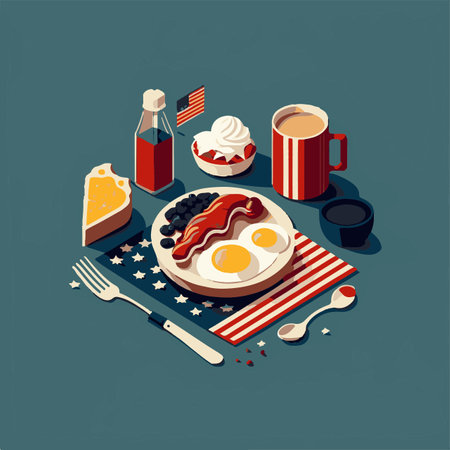 American breakfast isometric background with fried eggs, pancakes, bacon, berry, cheese, coffee, american flagのイラスト素材