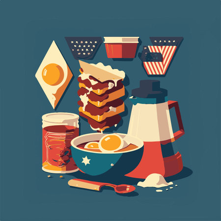 American food. Vector illustration in flat design style on a blue background.のイラスト素材