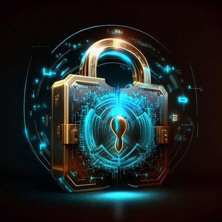 Lock icon in futuristic style on dark background. Security, safety, protection concept. 3D renderingの写真素材