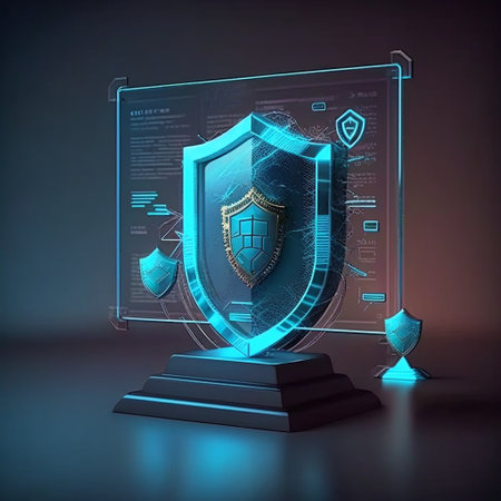 Cyber security concept. Shield with shield on blue background. 3D renderingの写真素材