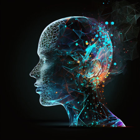 Human brain view dark blue background with vibrant modern and hologram lines sci-fi style futursiticの写真素材