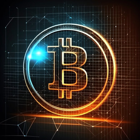Golden bitcoin icon on digital background. Cryptocurrency concept. 3D Renderingの素材