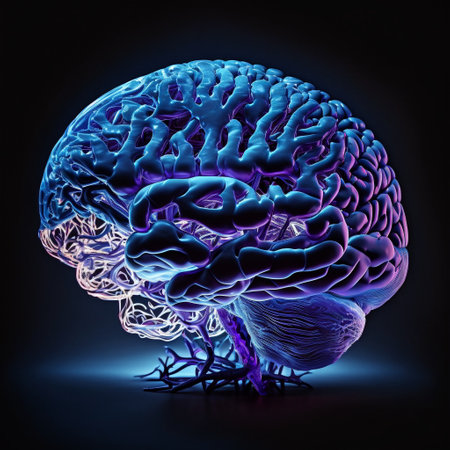 Human brain in blue light on black background. 3D illustration.の素材