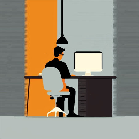 Businessman sitting at the desk in the office. Vector illustration.の素材