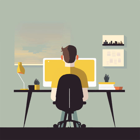 Businessman working on computer in office. Vector illustration in flat styleの素材