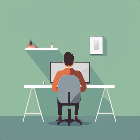 Businessman working on computer in office. Vector illustration in flat styleの素材
