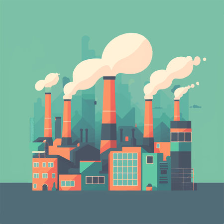 Factory with chimneys. Pollution of the environment. Vector flat illustrationの素材