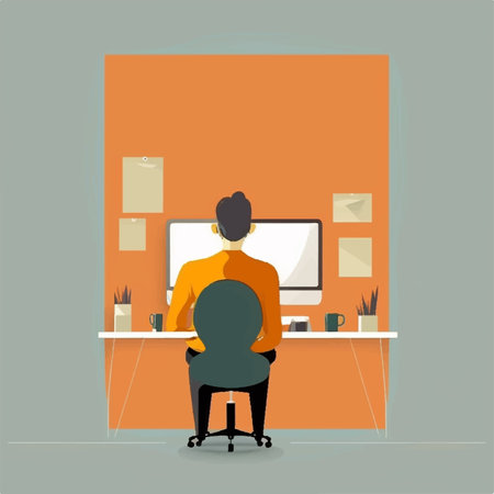 illustration of a man working at the computer in the office.の素材