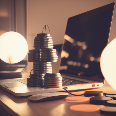 Coins stack on the table with laptop computer and lamp in the officeの素材
