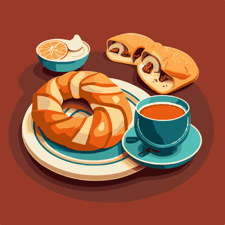 Cup of coffee with croissant and buns. illustrationの素材