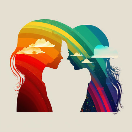 Silhouette of a loving couple on the background of the rainbowの素材