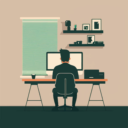Businessman sitting at his desk and working on computer. Vector illustrationの素材