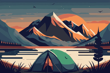 Camping on the lake in the mountains at sunset illustrationの素材