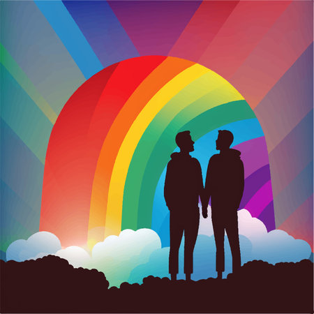 silhouette of a couple on a rainbow background. illustrationの素材