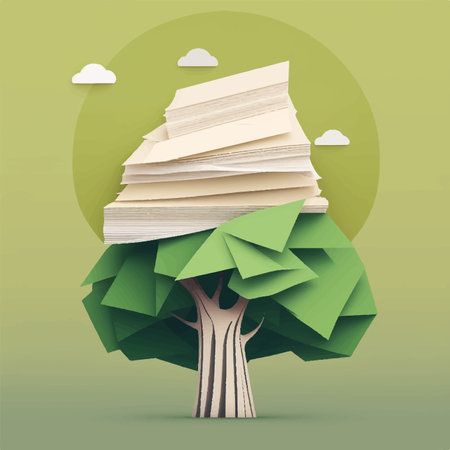 Paper tree with pile of papers. Paper art style. illustration.の素材