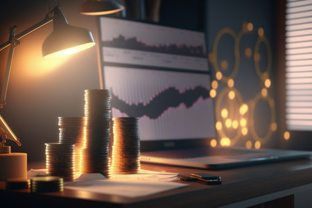 Coins stacks on table with laptop, stock market chart and graph. Business and financial concept.の素材