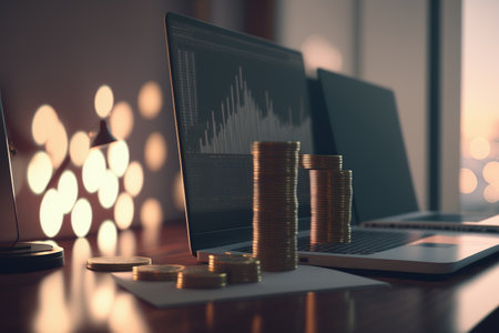 Closeup of laptop and coins on table in office. Finance and banking concept.の素材