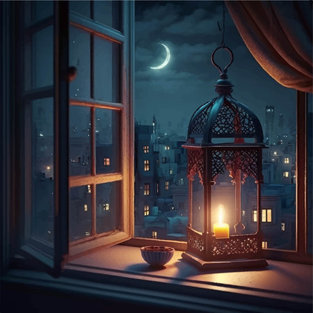 Ramadan month city night view, flat design with copy spaceの素材