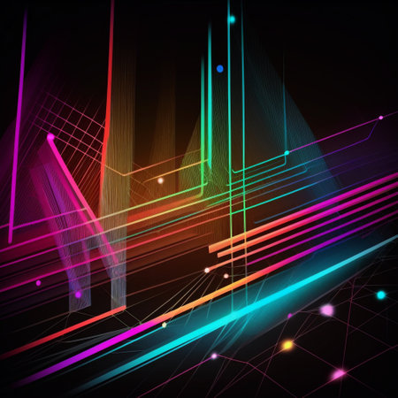 Colorful lineer geometric lines over dark background, abstract technology designの素材