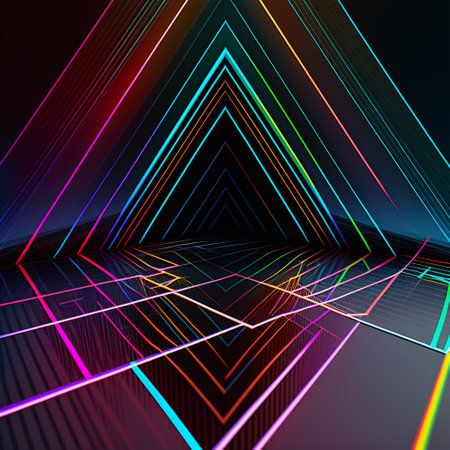 Colorful lineer geometric lines over dark background, abstract technology designの素材