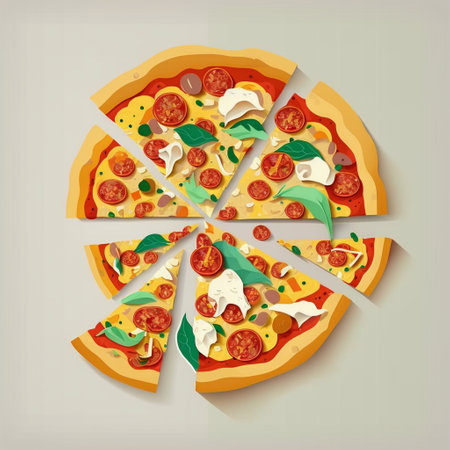 Flat lay view of pizza illustration with copy spaceの素材