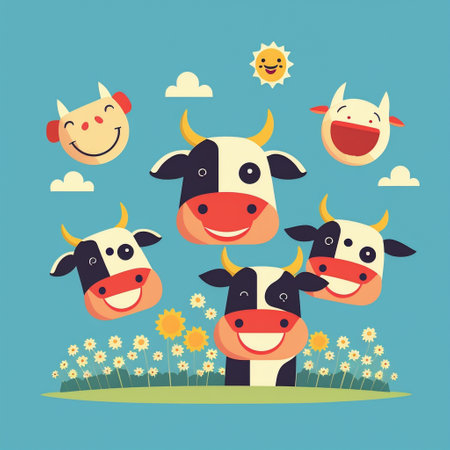 Happy cows smiling portrait in field, minimal designの素材