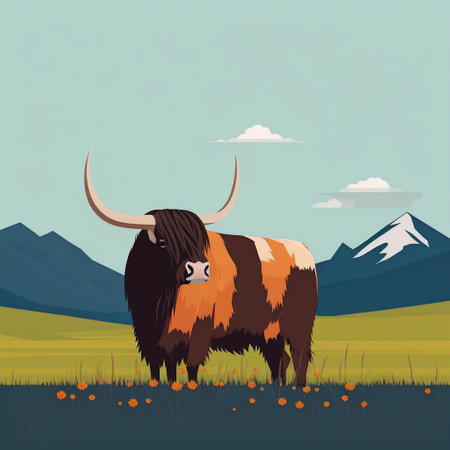 Yak ox portrait in field minimal styleの素材