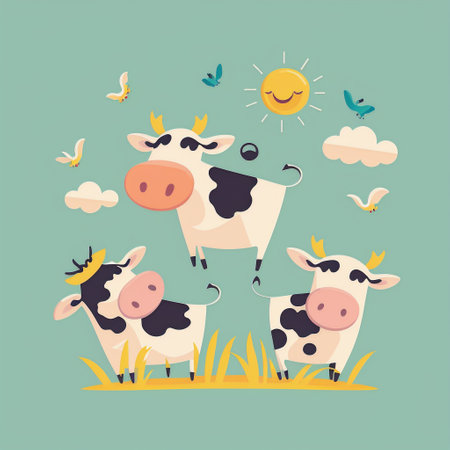 Happy cows smiling portrait in field, minimal designの素材