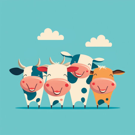 Happy cows smiling portrait in field, minimal designの素材