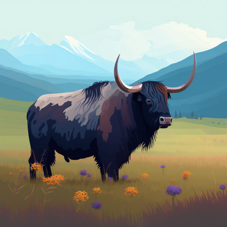 Yak ox portrait in field minimal styleの素材