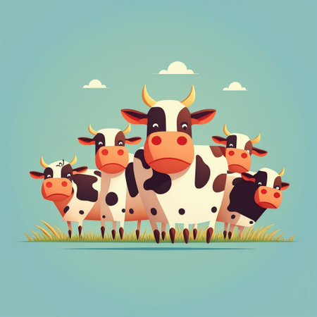 Happy cows smiling portrait in field, minimal designの素材