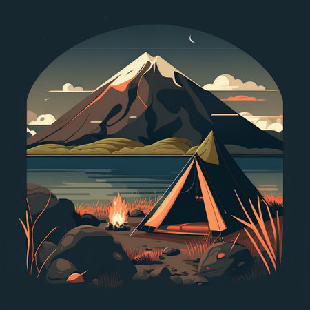 Camp fire and tent by lake and mountain at backgroundの素材