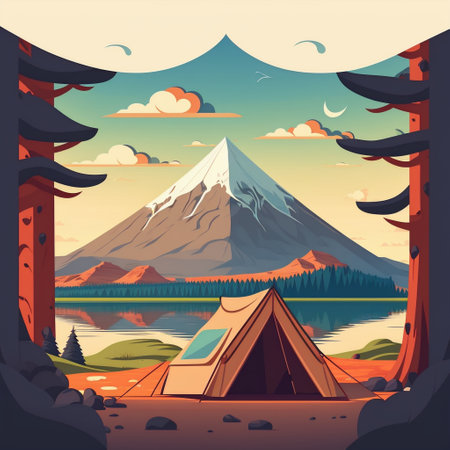 Camp fire and tent by lake and mountain at backgroundの素材
